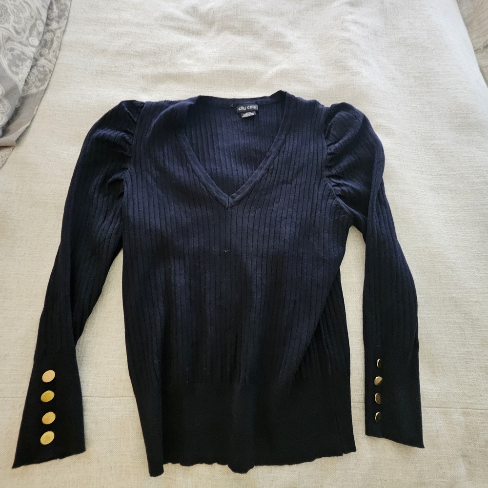 Black Ribbed V-Neck Sweater with Gold Buttons